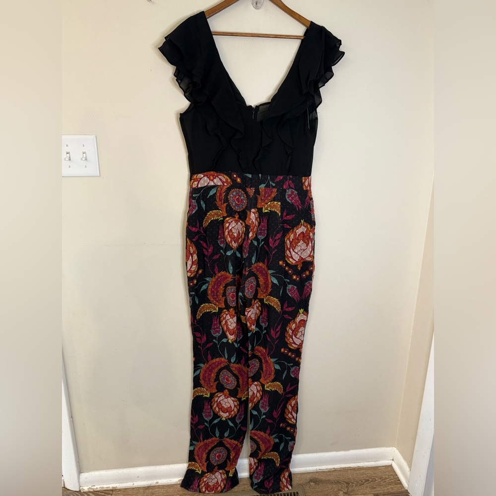 Black Floral Jumpsuit with Ruffle V-Neck